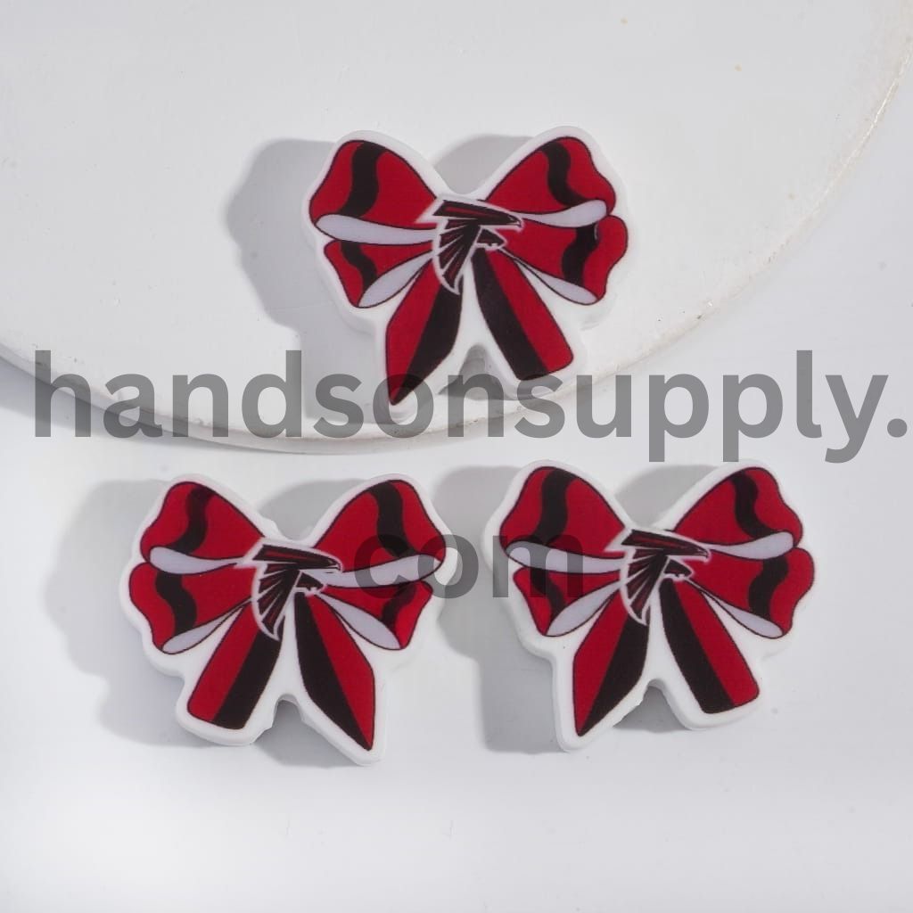 Red & Black Atlanta Football Pattern Bow Tie Shape Silicone Focal Beads