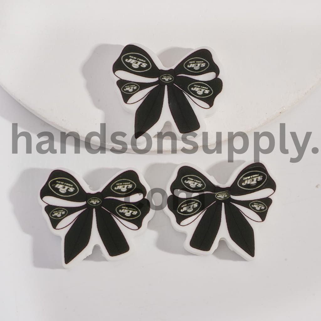 NY Jets Football Pattern Printed Bow Tie Shape Silicone Focal Beads