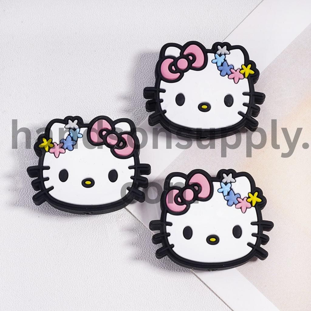 Cute Cat Head Charm with Pink Bowtie and Various Colors Flowers on Head Silicone Focal Beads