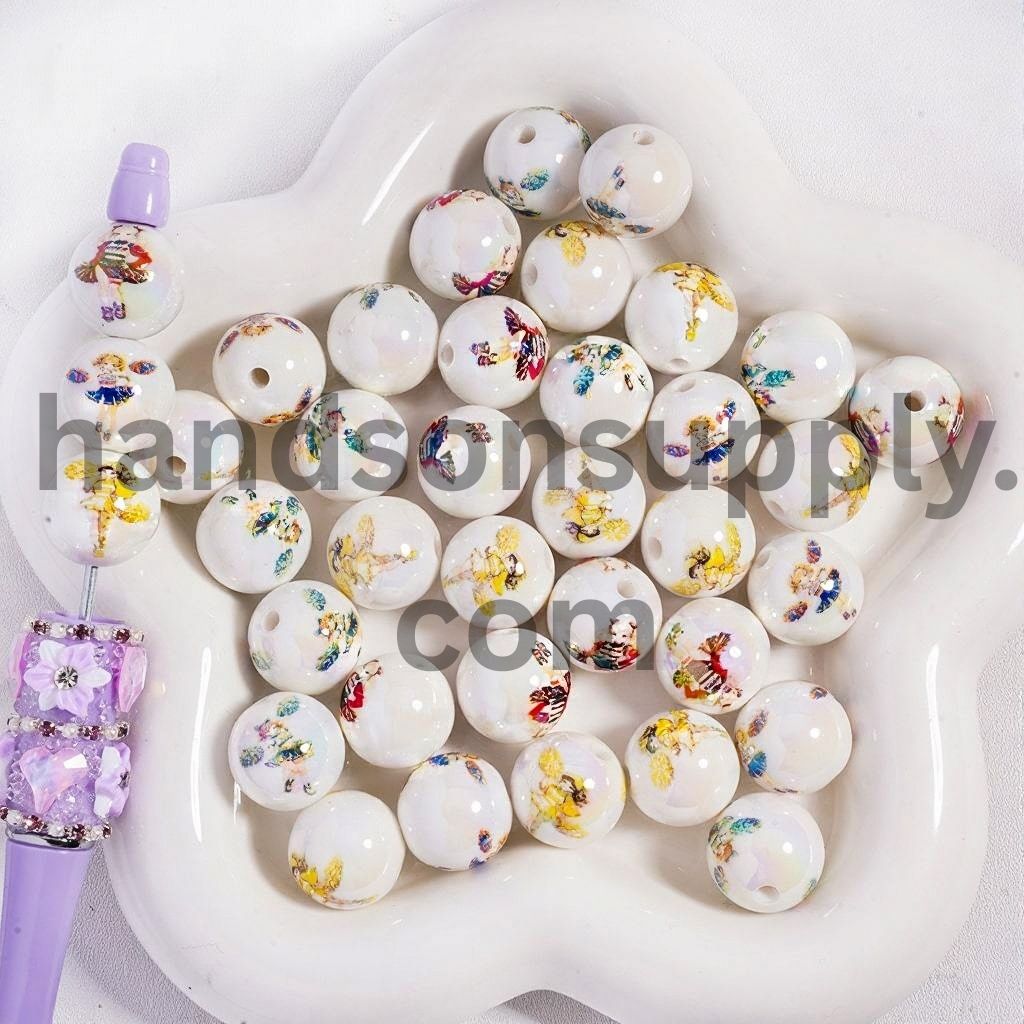 UV Coating Cheering Squad in Different Designs Print White Round, Acrylic Beads 16MM, Random Mix