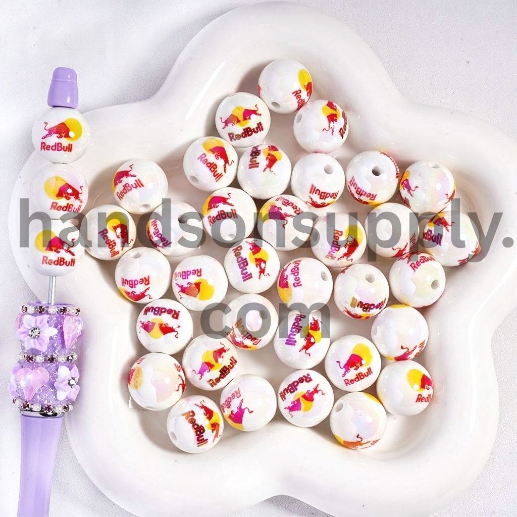 UV Coated Sun Soda & Red Bull White Round Acrylic Beads 16 MM Random Mix