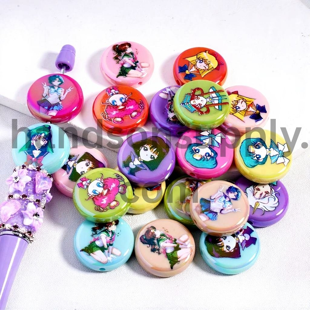 Cute Magical Girl Character Multi Color, Flat Round Shape Acrylic Beads 23MM Random Mix