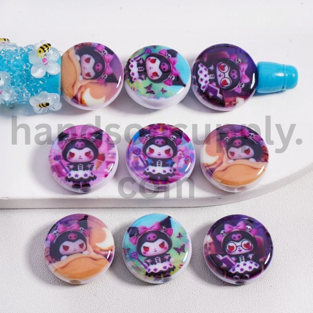 Cute Japanese Character In Differnt Design Print Flat Round Acrylic Beads 17mm Random Mix