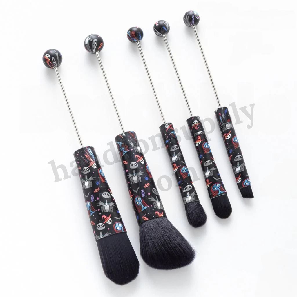 Halloween Metal Beadable Makeup Brushes with Spooky Prints (1 Set = 5 pieces)