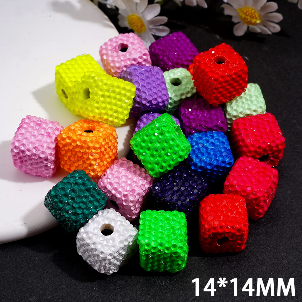 Clay Beads with Bubble Texture, Clear Rhinestones, Cube Square Shape, Fluorescent 14*14MM, Random Mix