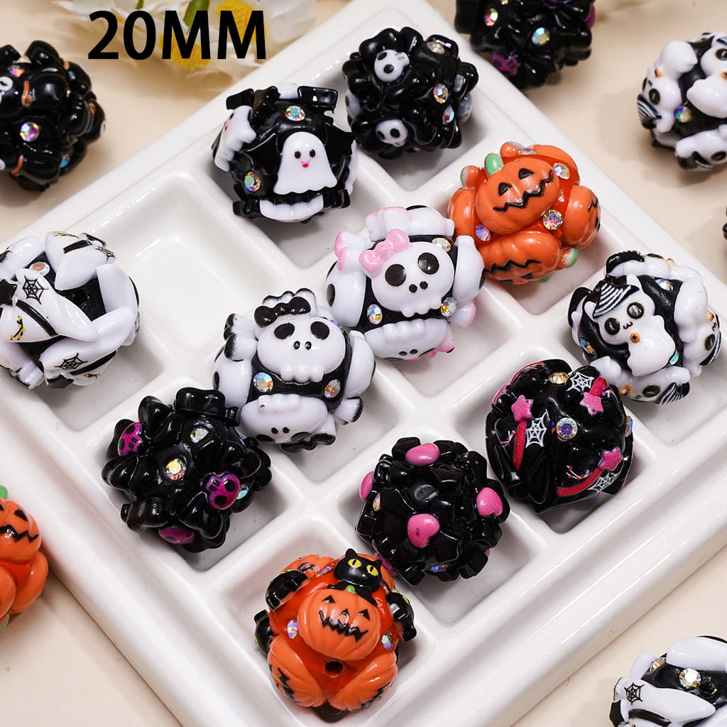 Clay Beads with Halloween Ghost Pumpkin Black Kitten Character Series and AB Rhinestones, 20MM, Random Mix