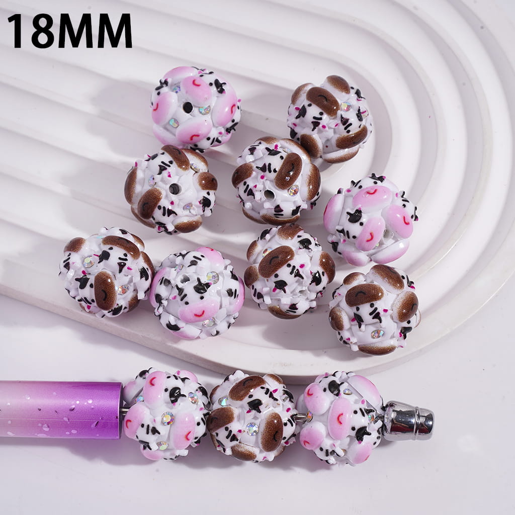 Cute Pink Brown Cow Pattern with AB Crystal Rhinestones Multi Color Silicone Focal Beads 18MM, Random Mix