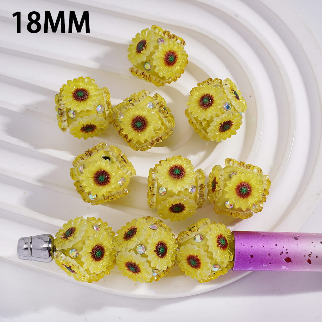 Cute Yellow Sunflower and AB Rhinestone Detail on Round Clay Beads 18MM, Random Mix