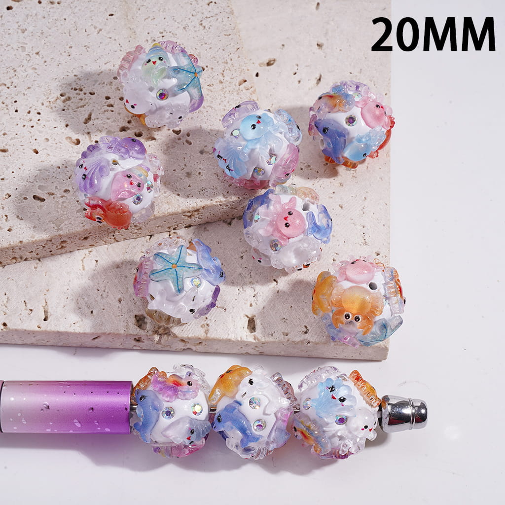 Ocean Marine Organism Pattern and AB Rhinestone Round Clay Beads 20MM