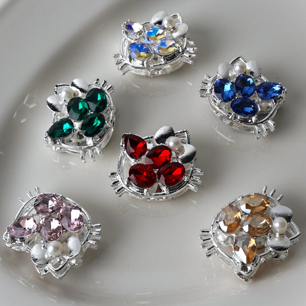HK Kitten Cat with Colorful Fancy Delicate Silver Alloy Rhinestones White Pearls Beads, Around 26*21MM