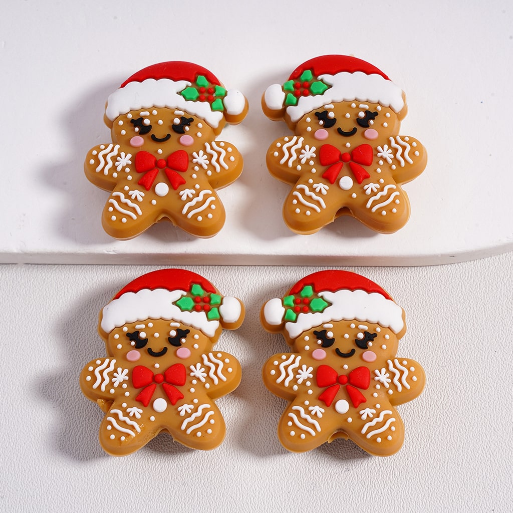 Cute Christmas Gingerbread Man with Red Santa Hat and Bowknot Silicone Focal Beads