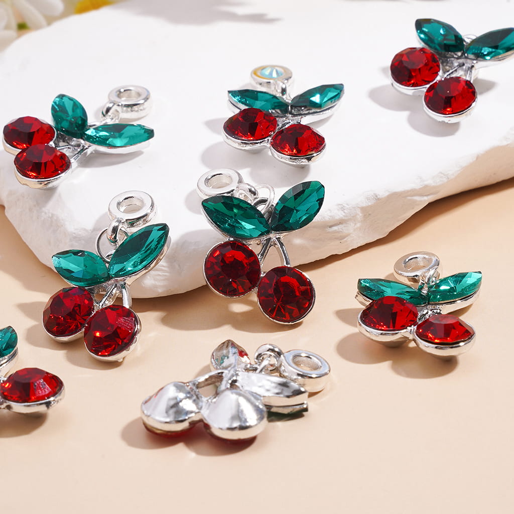 Charm Pendants Cherry with Red Green Rhinestones Silver Alloy Bail Loop Beads For Jewelry Accessories