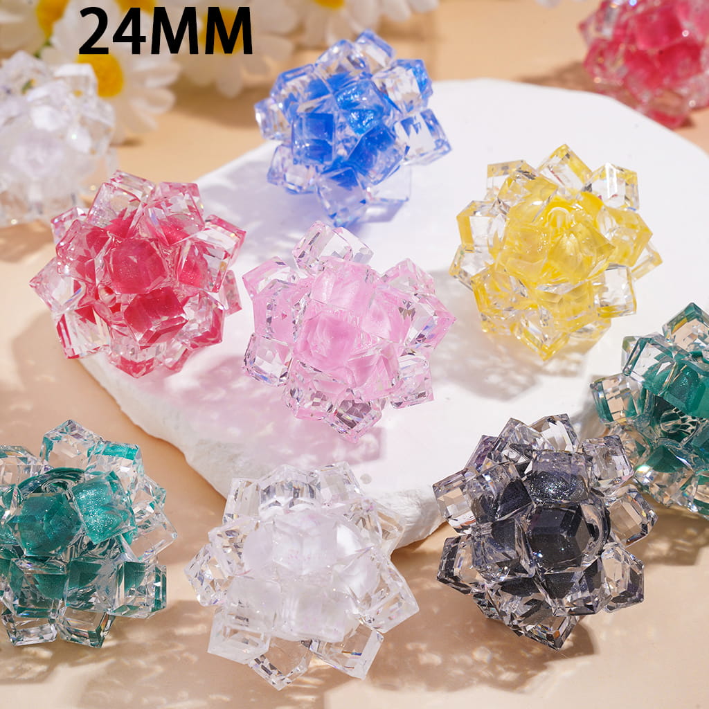 Handmade Faceted Crystal Square Acrylic Bead Balls with Glitter Fill, Clear Decorative Ornaments for Sparkling 24MM, Random Mix