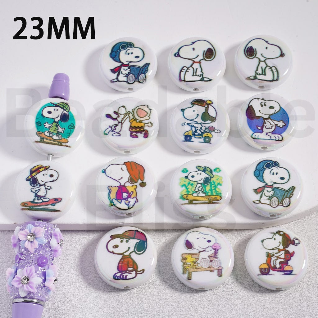 Set of colorful buttons with cartoon characters on a white background