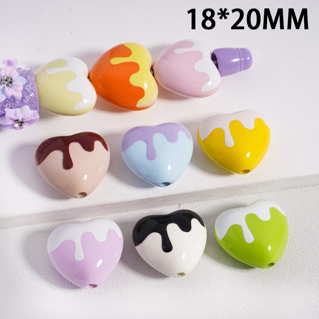 Solid Color Cute Heart Shaped Acrylic Beads Dripping Effect 18*20MM, Random Mix