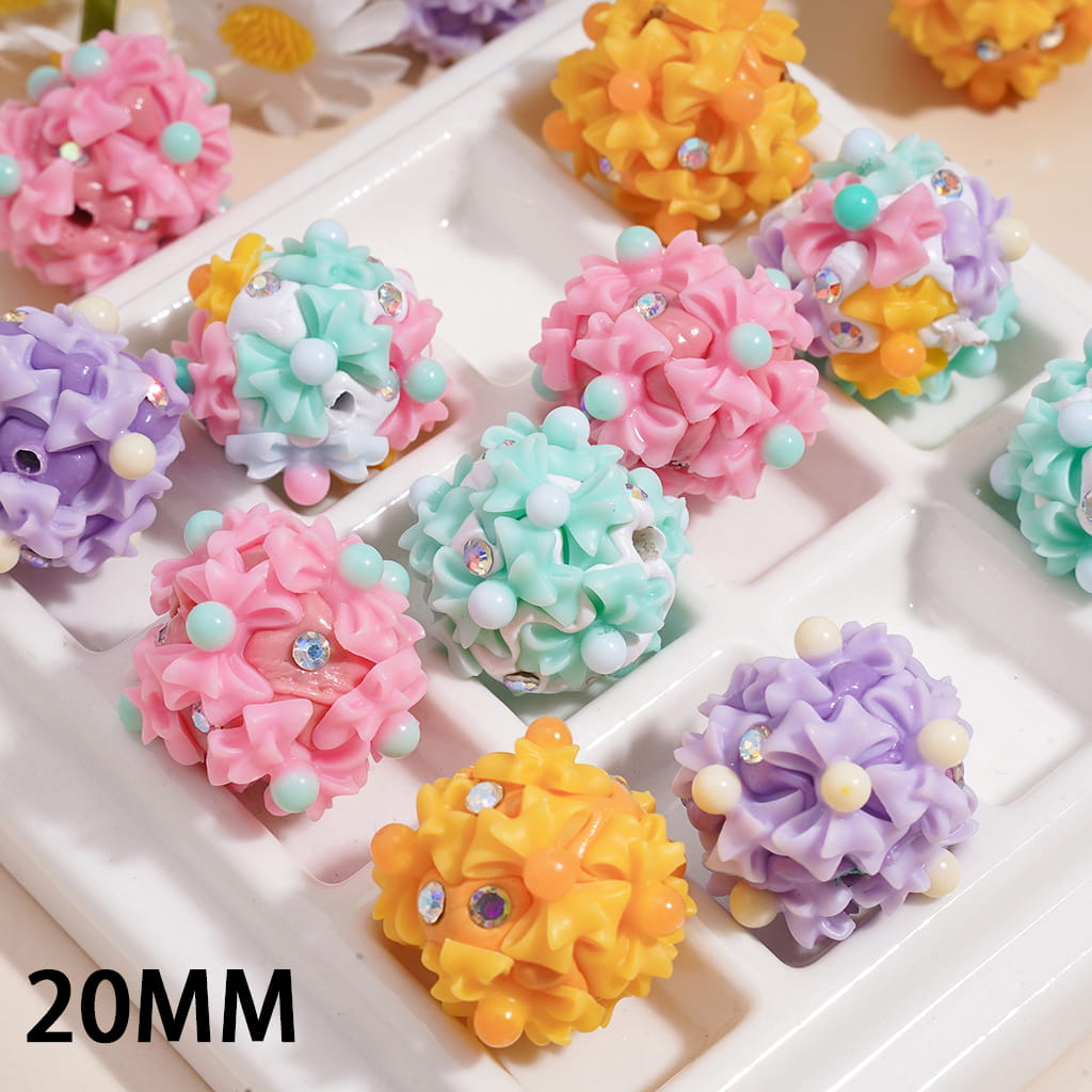 Bowtie and AB Rhinestones on Multi-Color Round Clay Beads 20MM Random Mix