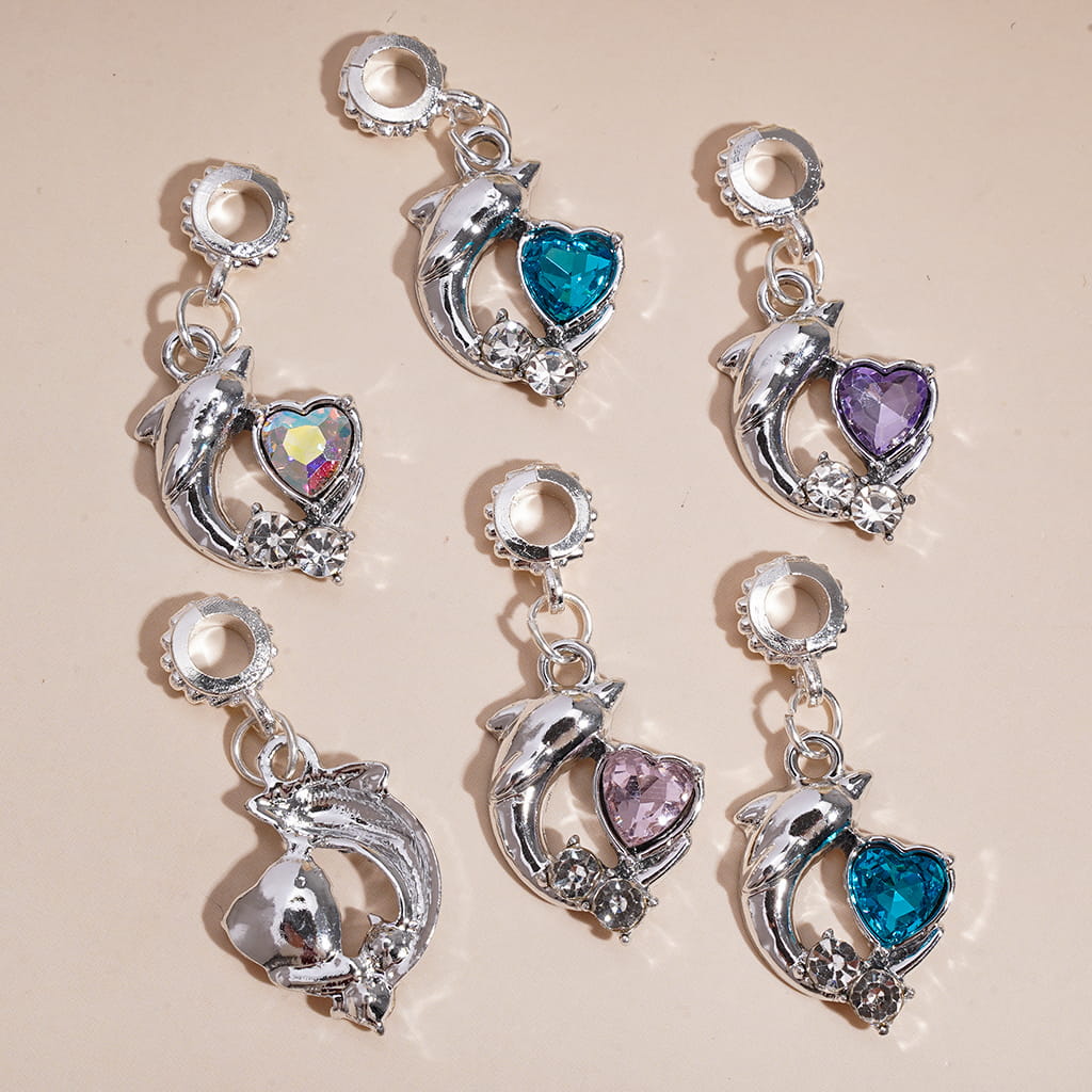 Silver Alloy Dolphin Charm Pendants with Heart & Round Clear Rhinestones Bail Ring Beads Jewelry Accessories, Random Mix