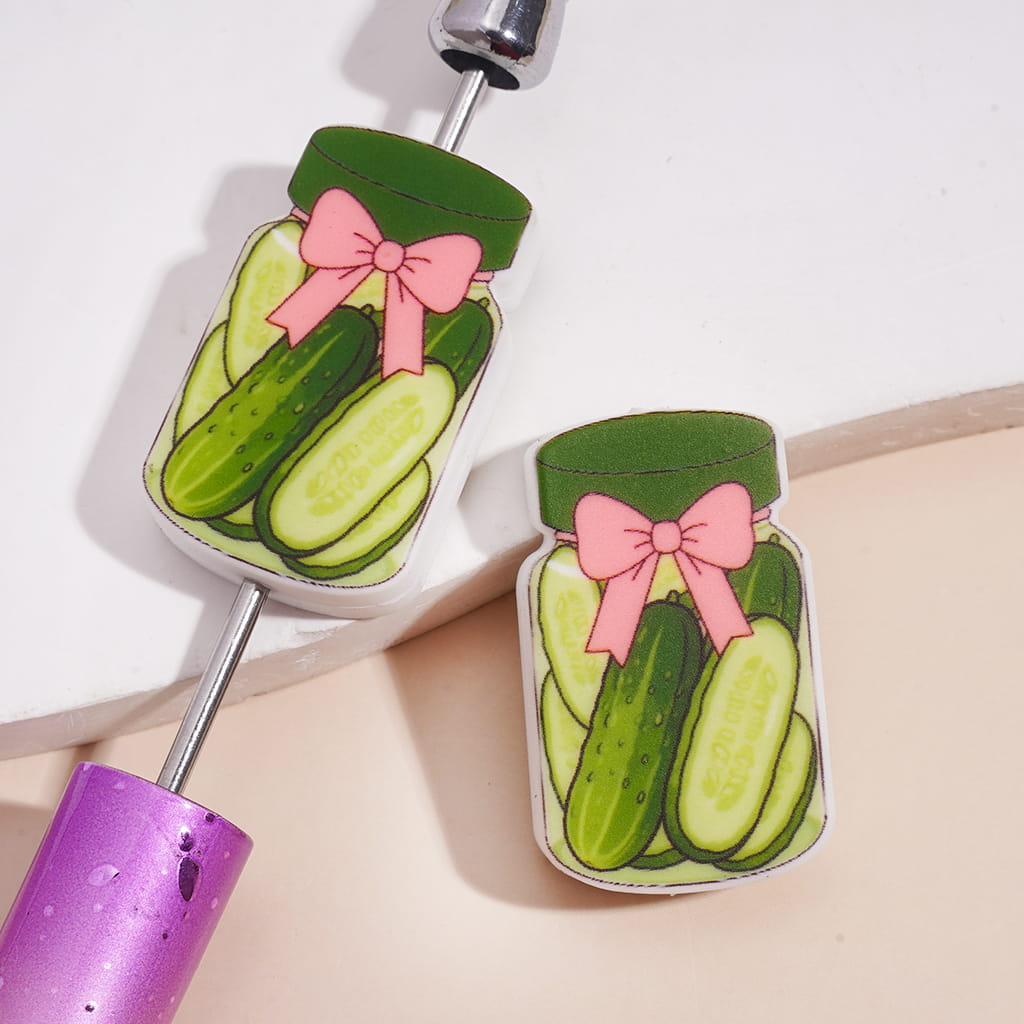 Pickled Cucumber Jar with Pink Bowtie Design Silicone Focal Beads