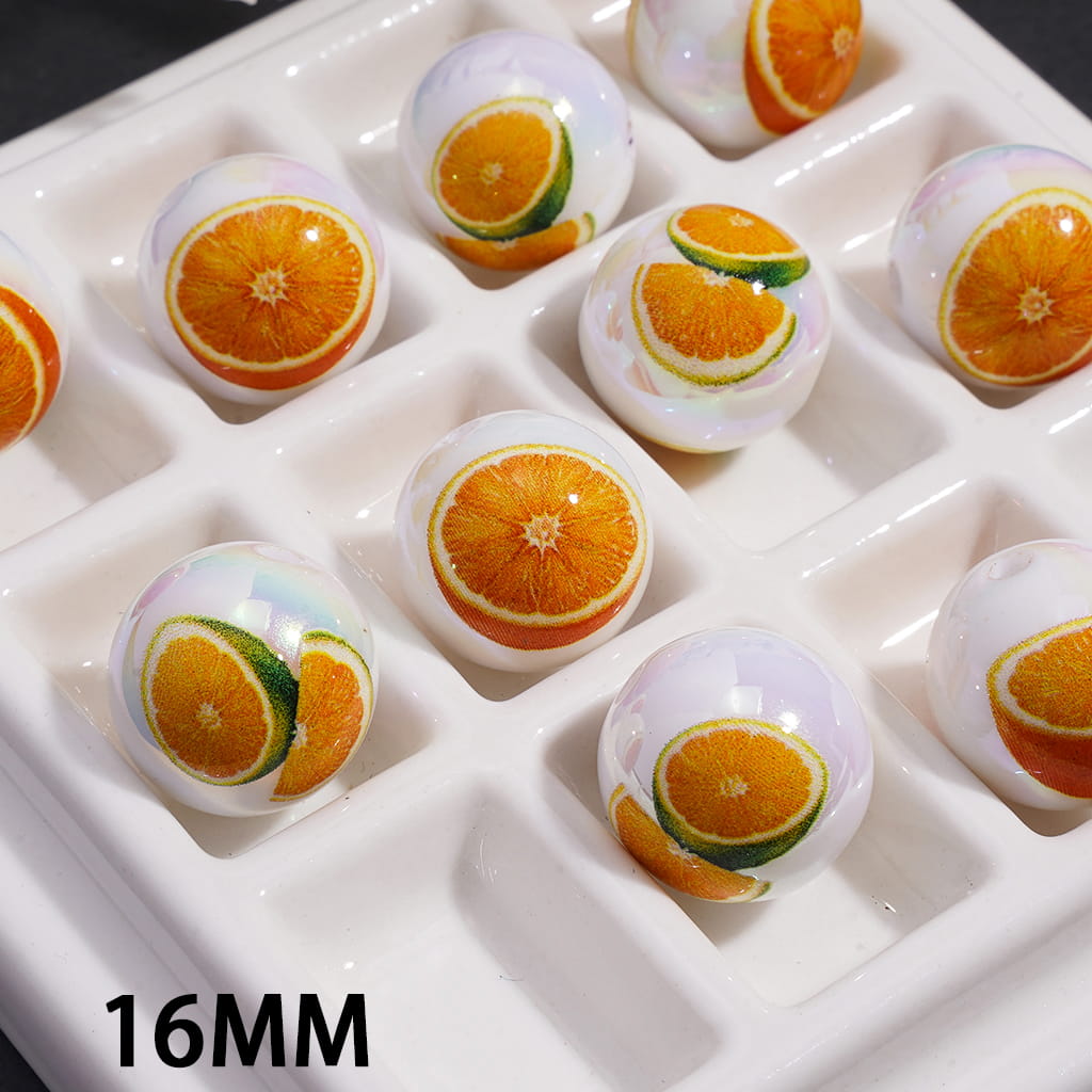 UV Coating with Fruit Orange Prints Round Acrylic Beads for Bracelets 16MM Random Mix