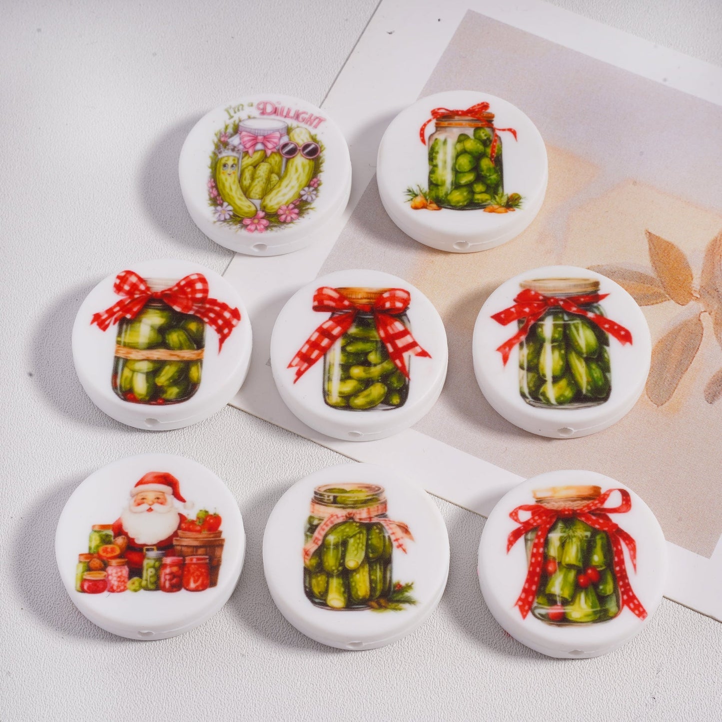 Pickled Cucumber & Father Christmas Santa Claus Flat Round Silicone Focal Beads Random Mix