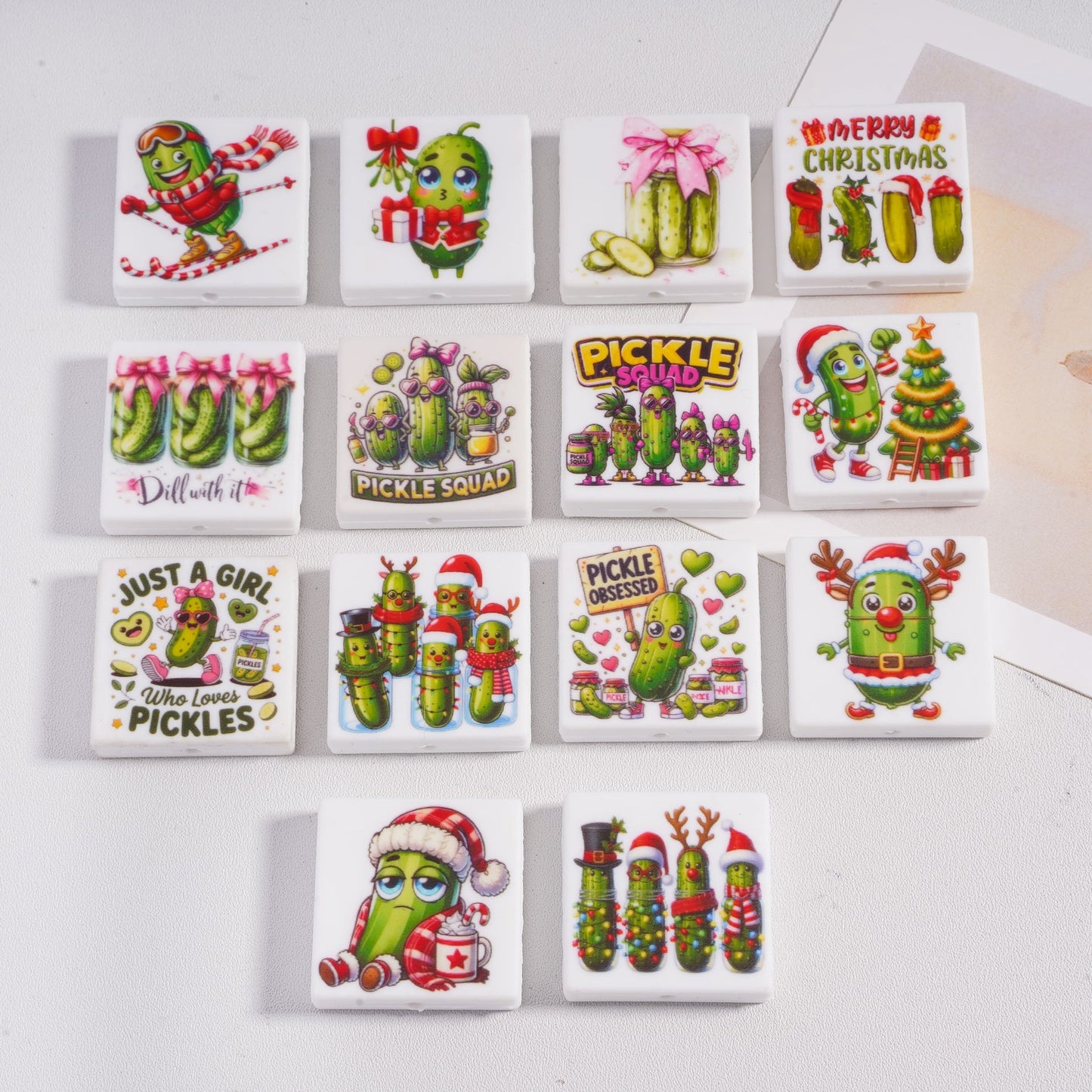 Pickled Cucumber & Christmas Series Merry Christmas, Just a Girl Who Loves Pickles Flat Square Shape Silicone Focal Beads Random Mix