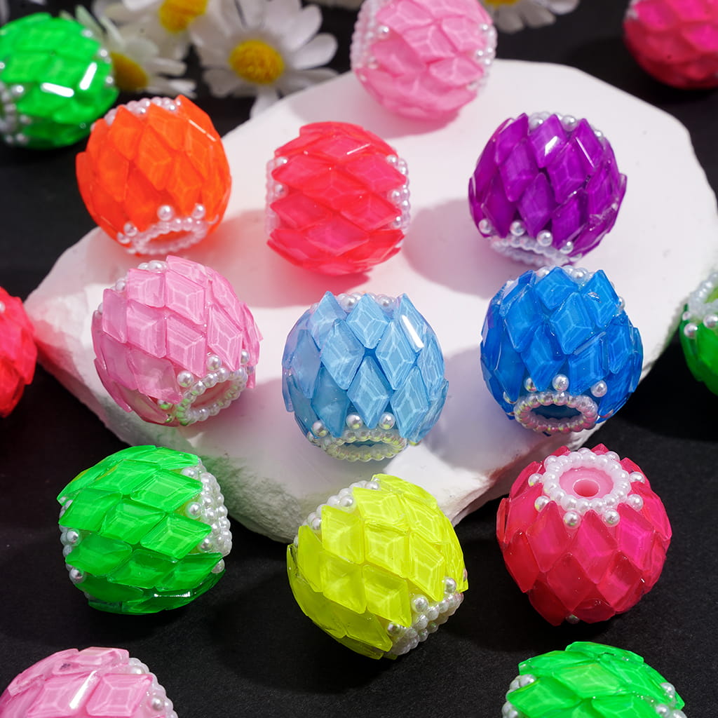 Rhombus Rhinestones & White Pearl Chains in Fluorescent Colors Round Handcrafted Acrylic Beads 20MM Random Mix