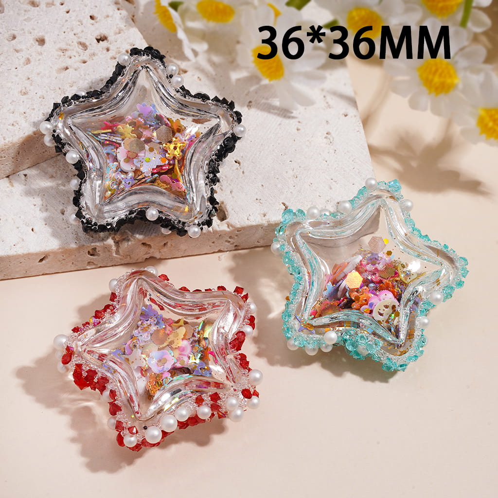 Clear Hollow Star Shaker Acrylic Beads w Shiny Sequin Embedded Inside, w Rhinestones White Pearls Sugar Wrap Tape on Outside, 36*36MM, Random Mix