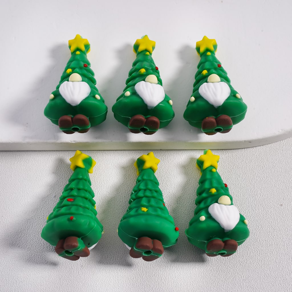 3D Cute Christmas Tree with White Beard Yellow Star Silicone Focal Beads Random Mix