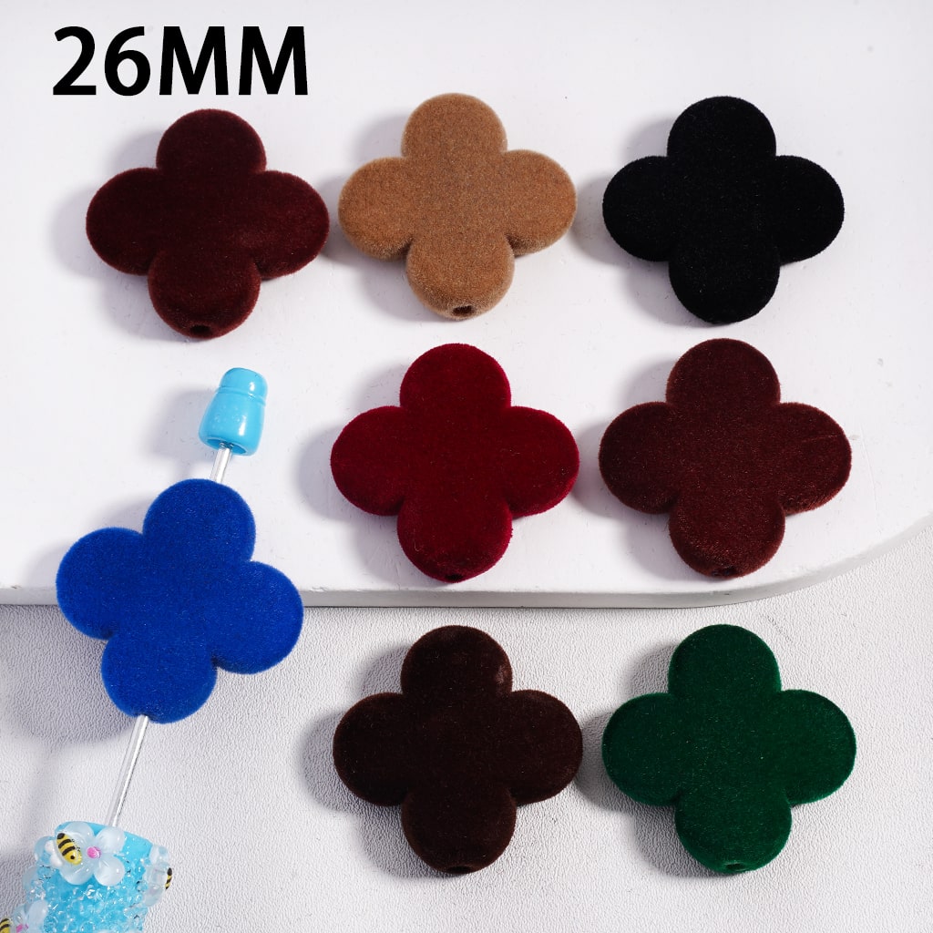 Flocked Fluffy Four Leaf Clover & Flower Dark Colors Acrylic Beads 26MM, Random Mix