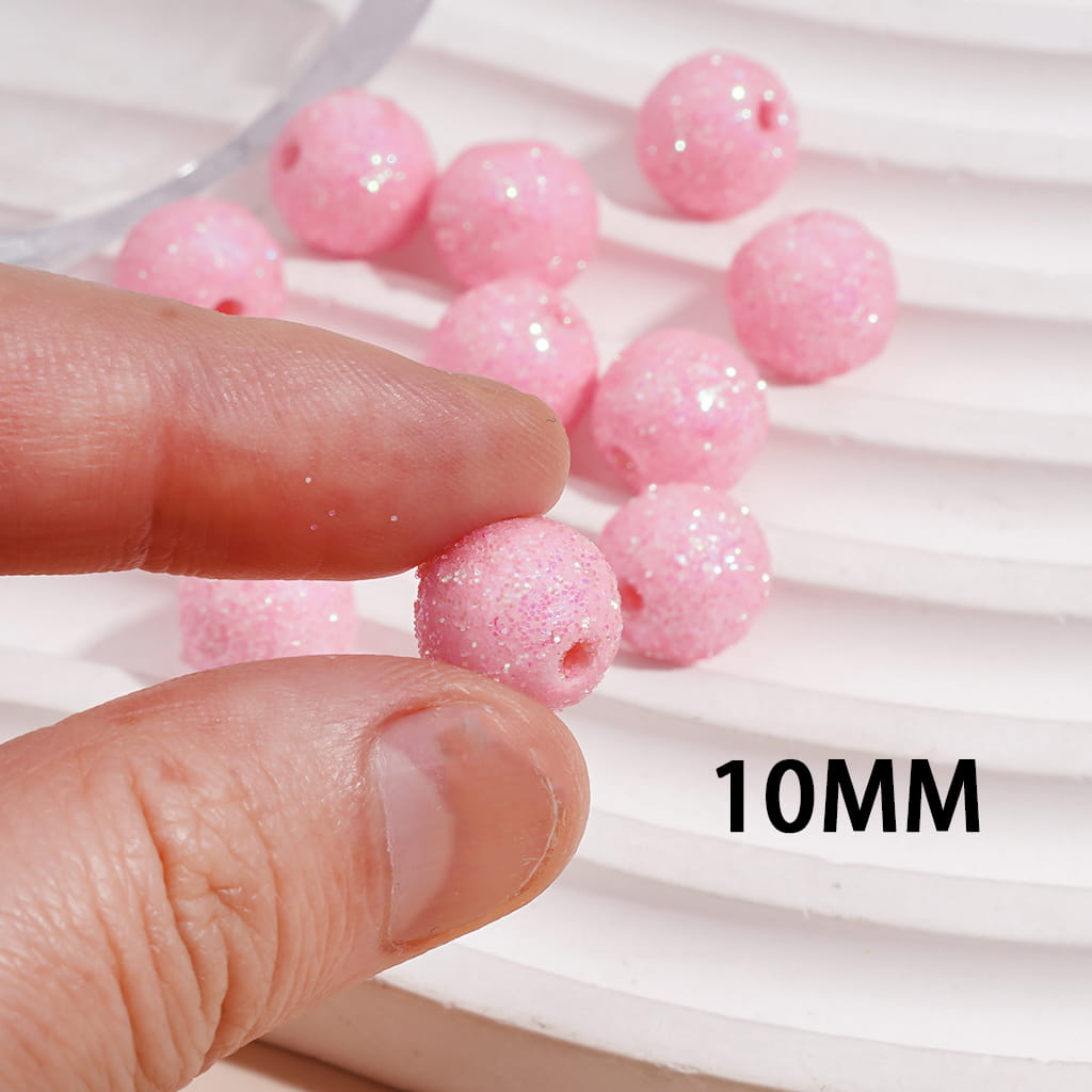 Acrylic Beads for Bracelets Pink Round with Shiny Glitters, 10MM, Small Size