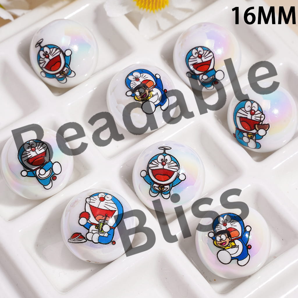 Acrylic Beads for Bracelets UV Coating with Japanese Blue Robot Cat Character Prints, 16MM, Random Mix