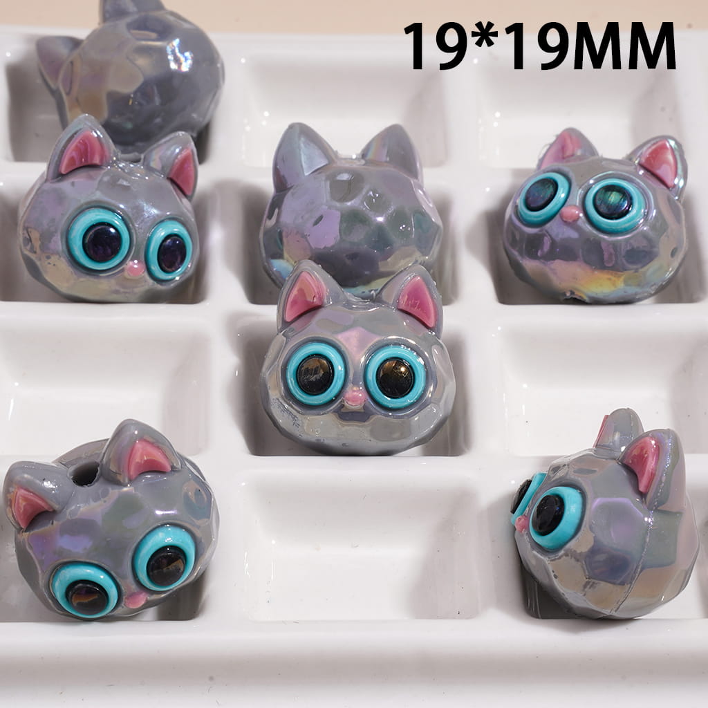 Soft PVC Rubber Beads UV Coating Cute Kitten Head with Big Eyes, 19*19MM, Multi-Color