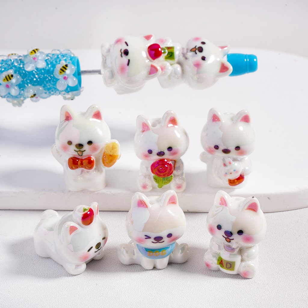 UV Coated Cute Puppy Dog with Rose & Milk Ice Cream Bunny Doll Acrylic Beads Random Mix