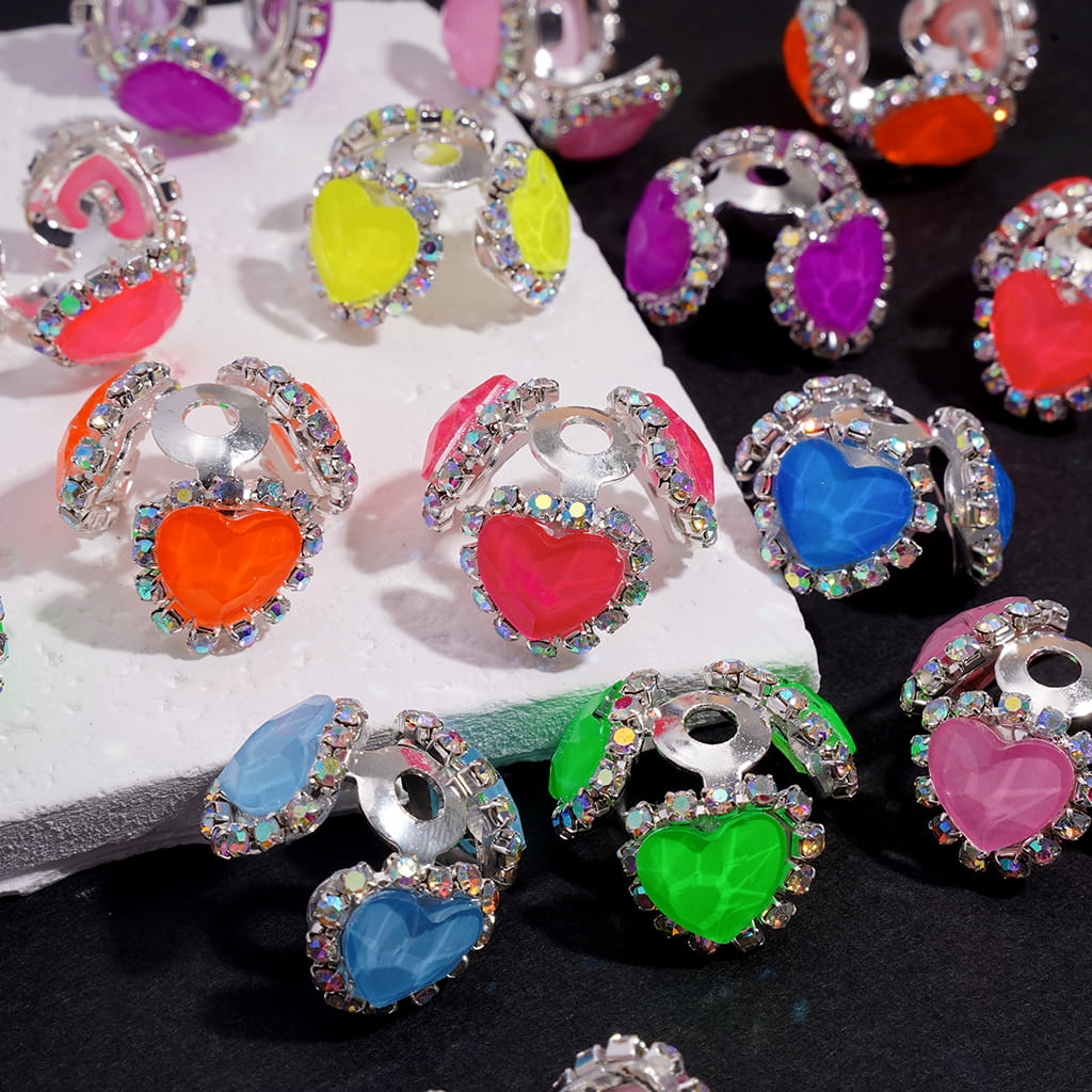 Handcrafted Fancy Bead Cages with Heart Rhinestones and AB Rhinestone Chains, Silver Bead Cap, Neon Colors (They Fit 16MM Beads)