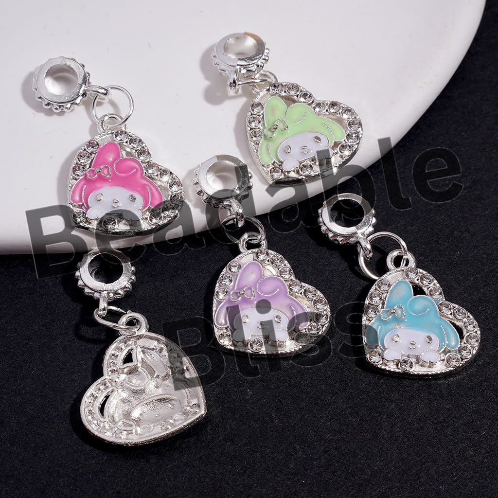 Alloy Bail Jump Ring Beads, Charm Pendants Heart with Bunny-Like Girl Character and Clear Rhinestones, Assorted Colors, Random Mix
