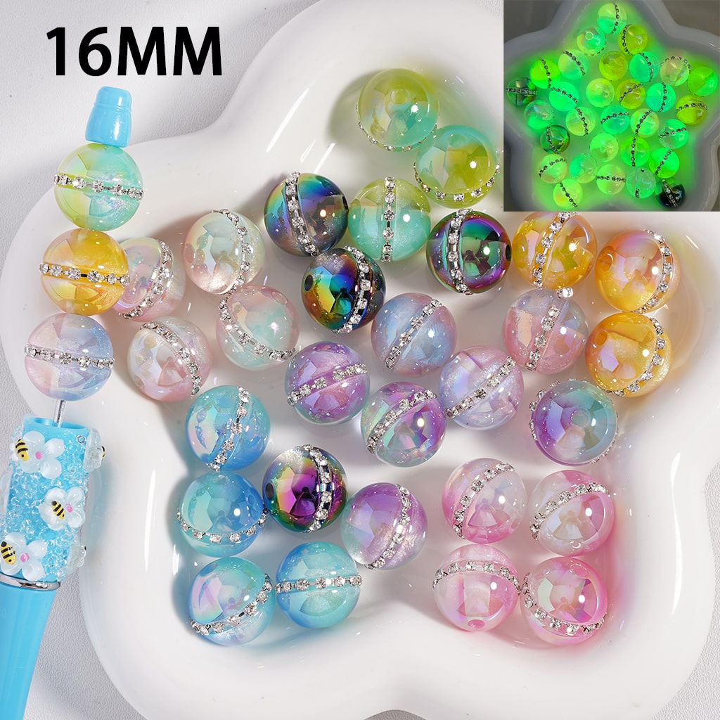 Luminous UV Coating Clear Rhinestones & Chain Detail, Ombre Color Round Acrylic Beads 16MM, Random Mix