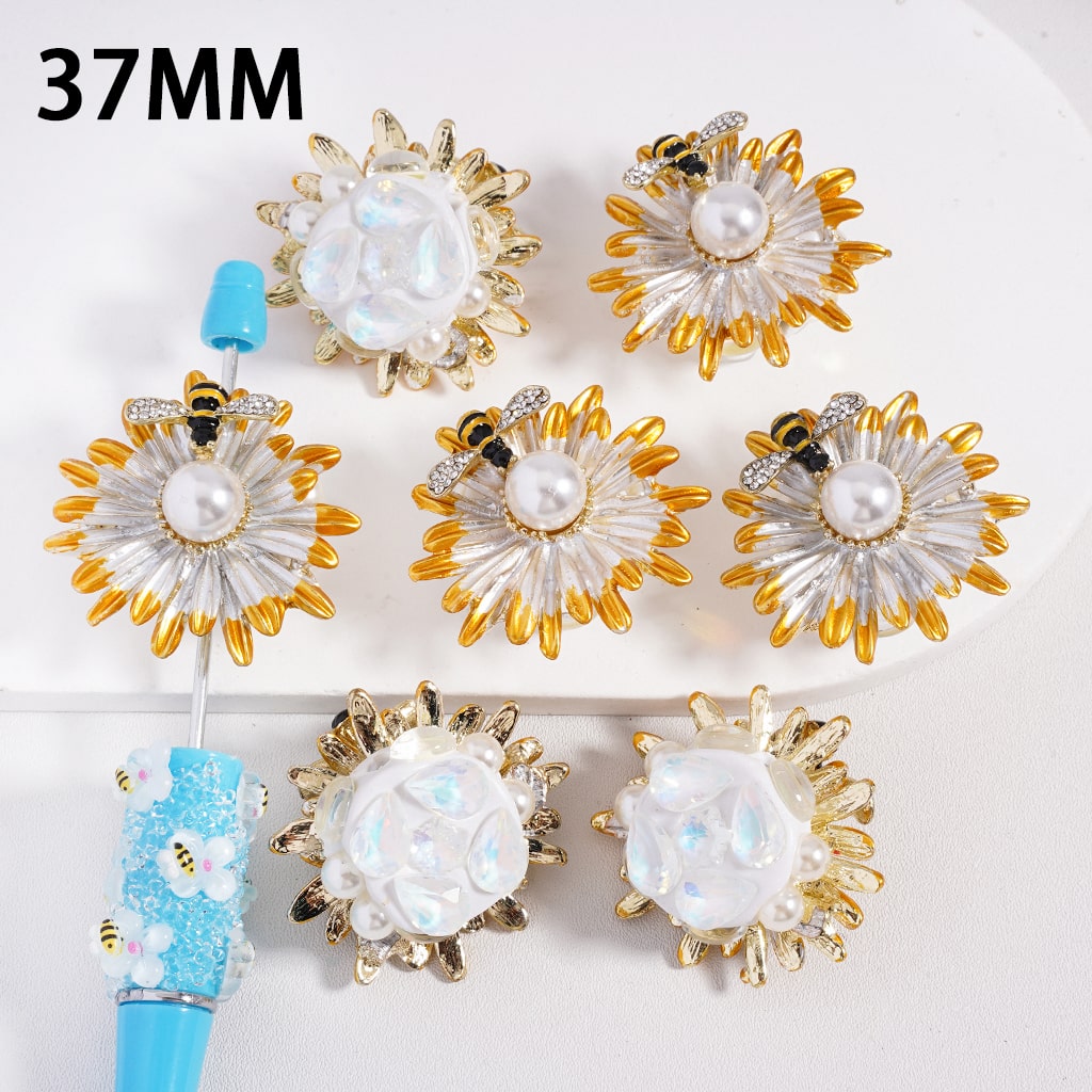 Alloy Daisy & Bee Charm Crystal & Pearl Accents with Water-Drop & Snowflake Detail Clay Beads 37mm