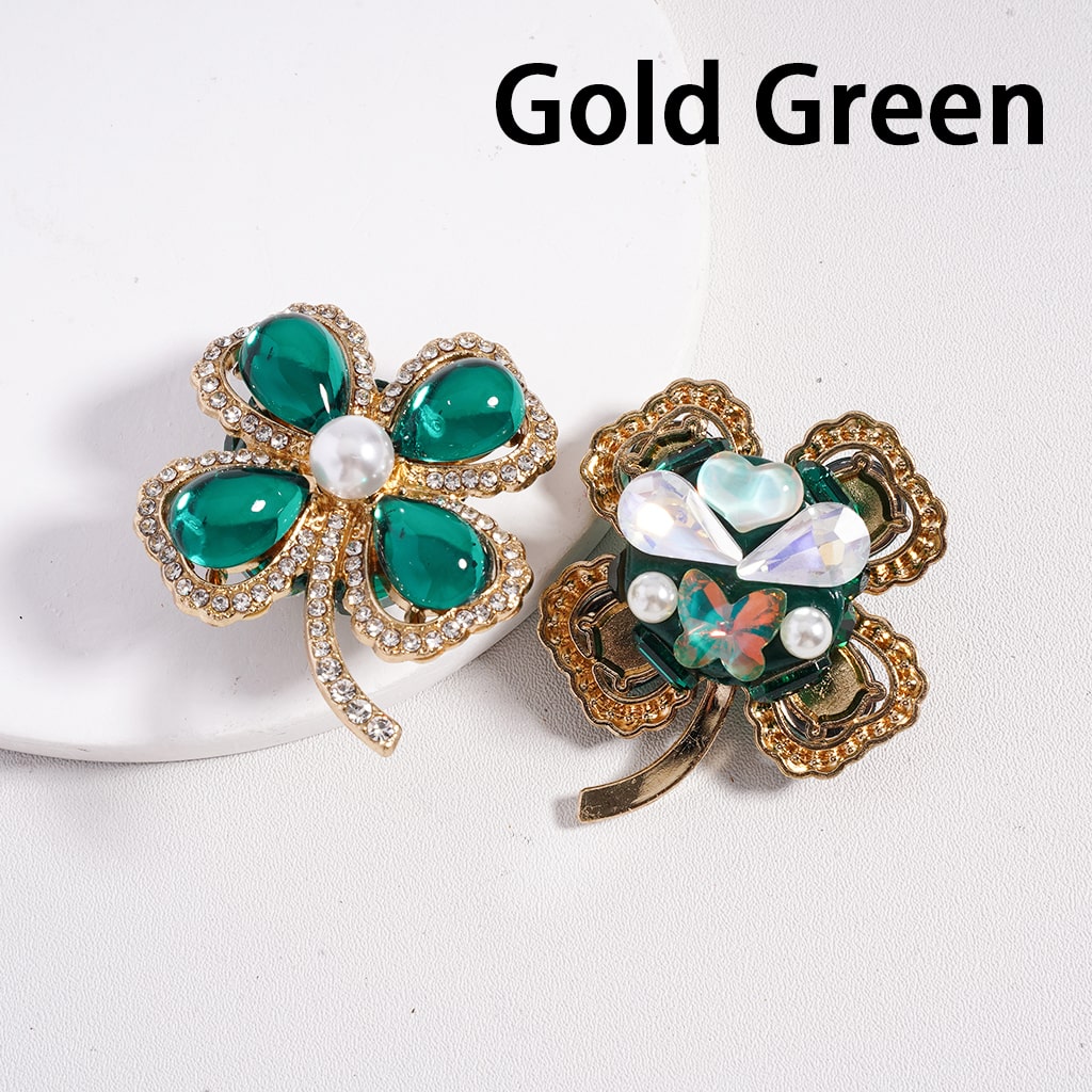 Gold & Silver Alloy Four-Leaf Clover Charm Green Water-Drop Cute Heart Butterfly Crystal Clear Rhinestones & White Pearls Clay Beads, 37*44MM