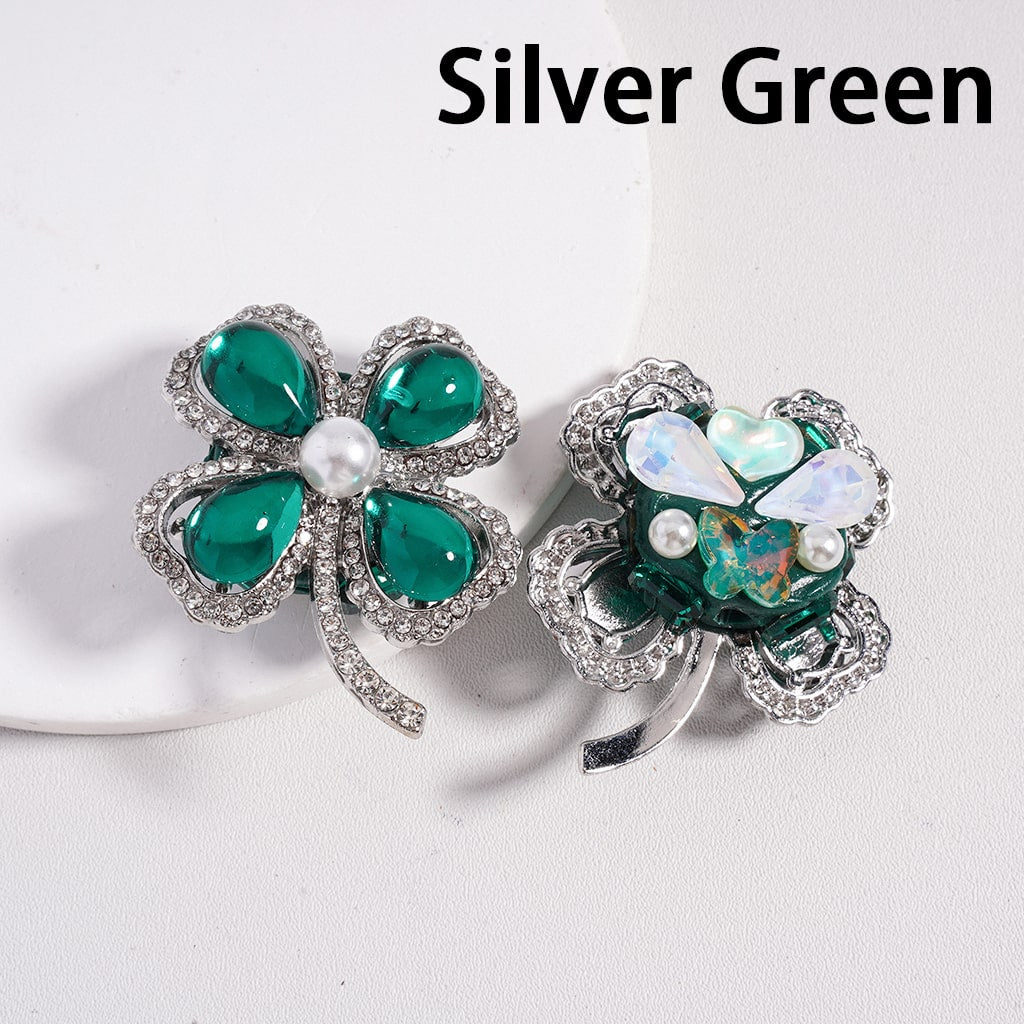 Gold & Silver Alloy Four-Leaf Clover Charm Green Water-Drop Cute Heart Butterfly Crystal Clear Rhinestones & White Pearls Clay Beads, 37*44MM
