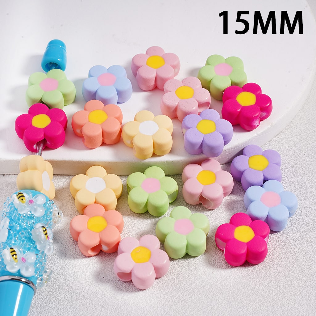 Mini Five Petal Flower Solid Colors Acrylic Beads, 15MM, Random Mix