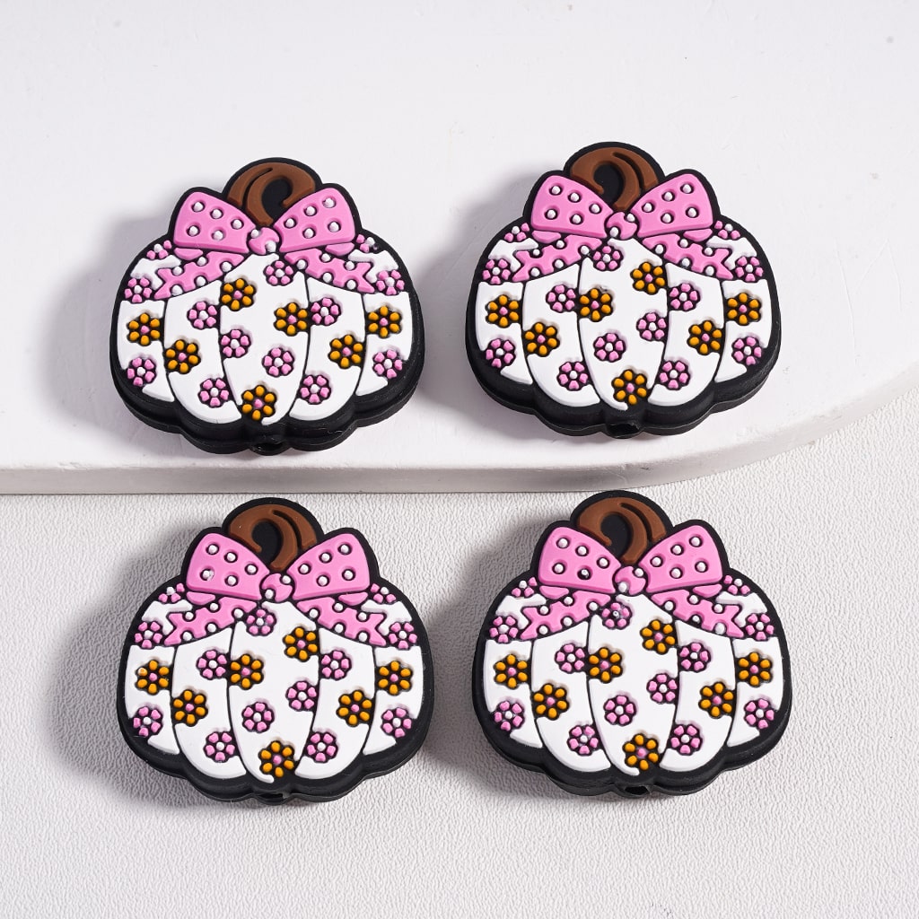 Cute Pumpkin with Bowknot & Mini Flowers, Halloween Theme Silicone Focal Beads