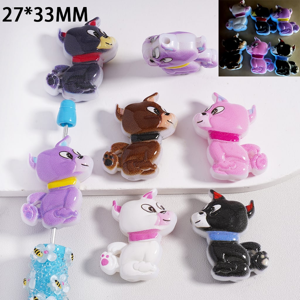 Luminous Glowing Cute Dog Puppy Acrylic Beads 27*33MM, Random Mix