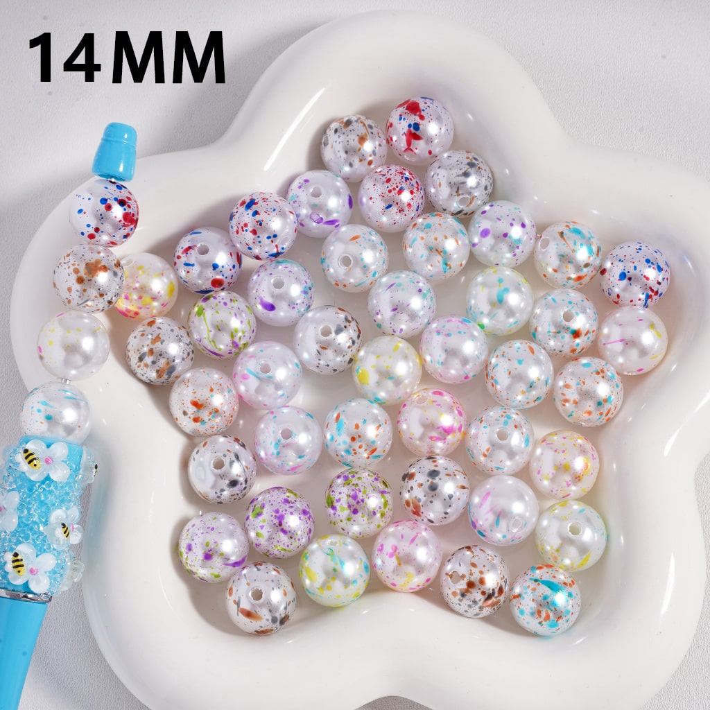 Colorful Abstract Art Prints on White Base Round Acrylic Beads 14MM, Random Mix