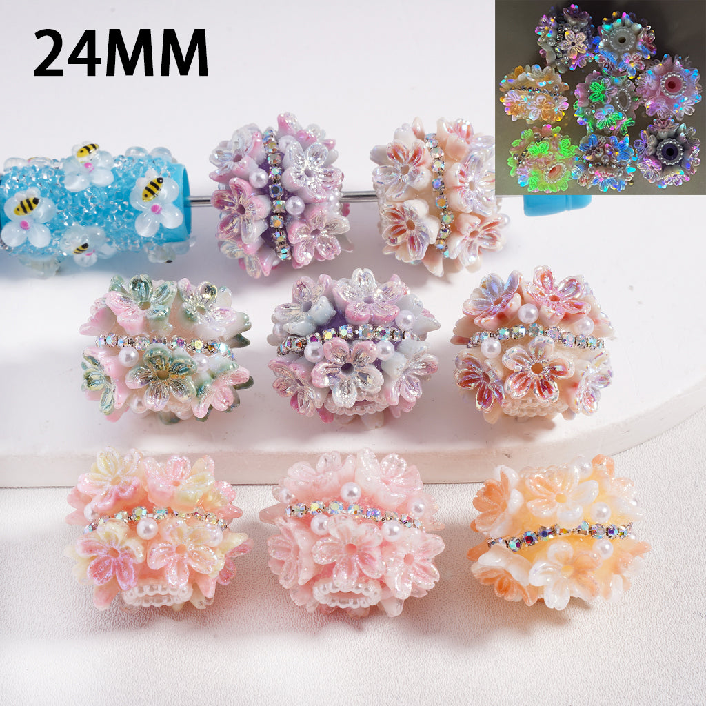 Luminous Mini Flower with Chains, Pearls & AB Rhinestones Round Clay Beads 24MM, Random Mix