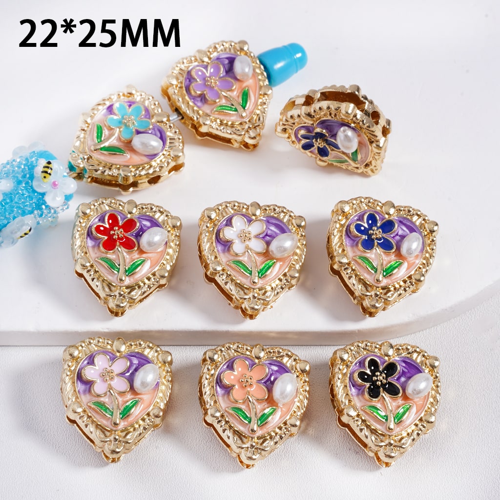 Cute Flower, White Pearl & Heart Shapes Fancy Gold Alloy Beads, 22*25MM, Random Mix