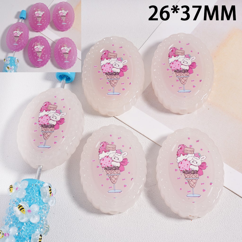 Cute Bunny Cat & Girl with Bow Prints, Flat Oval Shape Color Changing Acrylic Beads 26*37MM (Single Color is available for 100pcs(Whole Bag) Only)