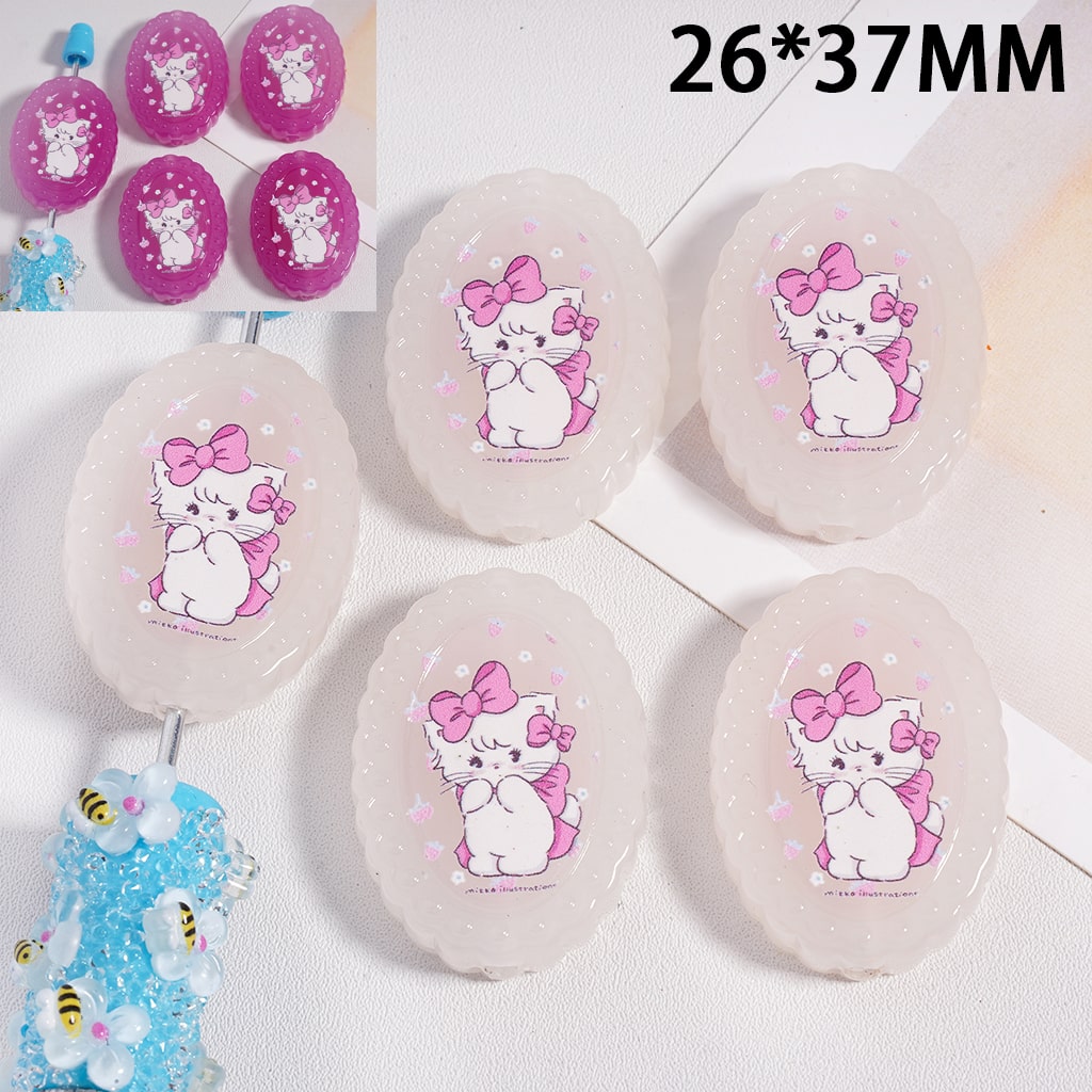 Cute Bunny Cat & Girl with Bow Prints, Flat Oval Shape Color Changing Acrylic Beads 26*37MM (Single Color is available for 100pcs(Whole Bag) Only)