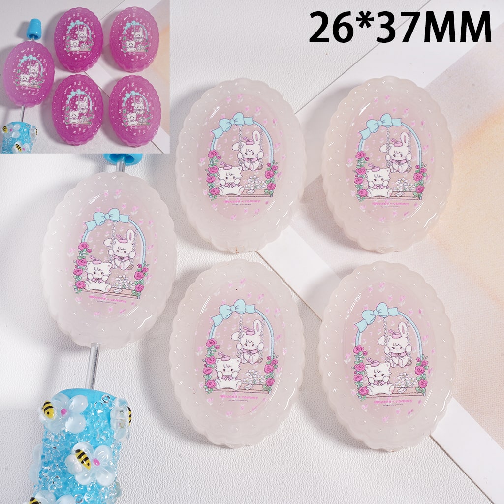 Cute Bunny Cat & Girl with Bow Prints, Flat Oval Shape Color Changing Acrylic Beads 26*37MM (Single Color is available for 100pcs(Whole Bag) Only)