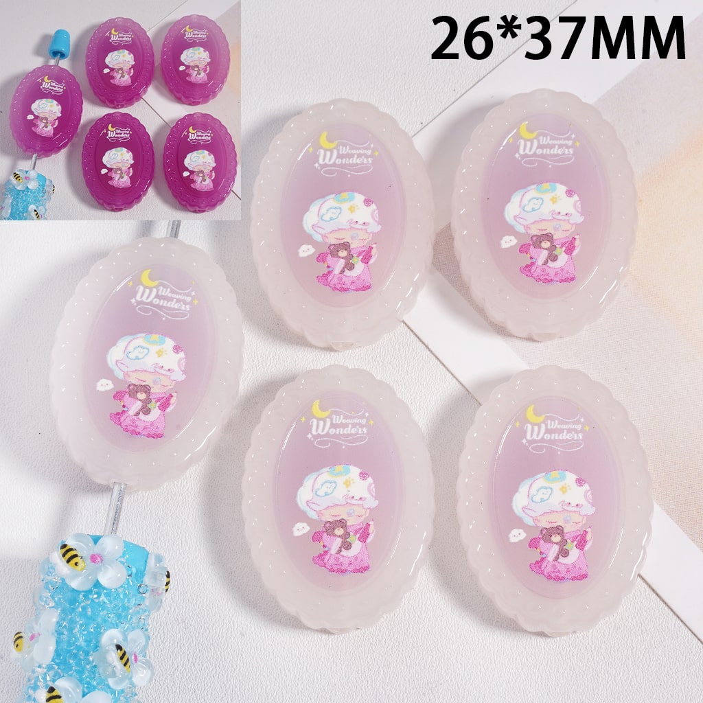 Cute Bunny Cat & Girl with Bow Prints, Flat Oval Shape Color Changing Acrylic Beads 26*37MM (Single Color is available for 100pcs(Whole Bag) Only)