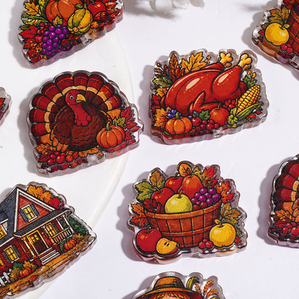 Autumn Harvest Thanksgiving Day Theme Semi-Clear Acrylic Beads with Turkey, Pumpkin, Cornucopia, Scarecrow, Farmhouse & Harvest Basket, Random Mix